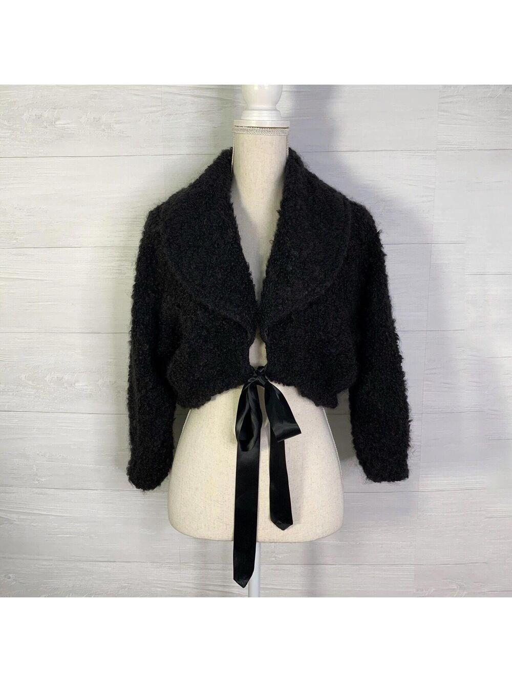 Joseph Ribkoff Black Mohair Blend Cropped Sweater Jacket Size 8 Ribbon Tie